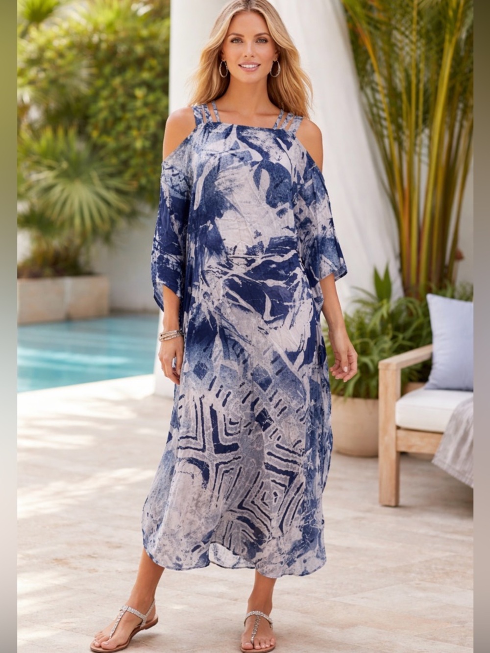 Soft Surroundings West Village Caftan Maxi Blue Size PXS Rayon Tropical Dress